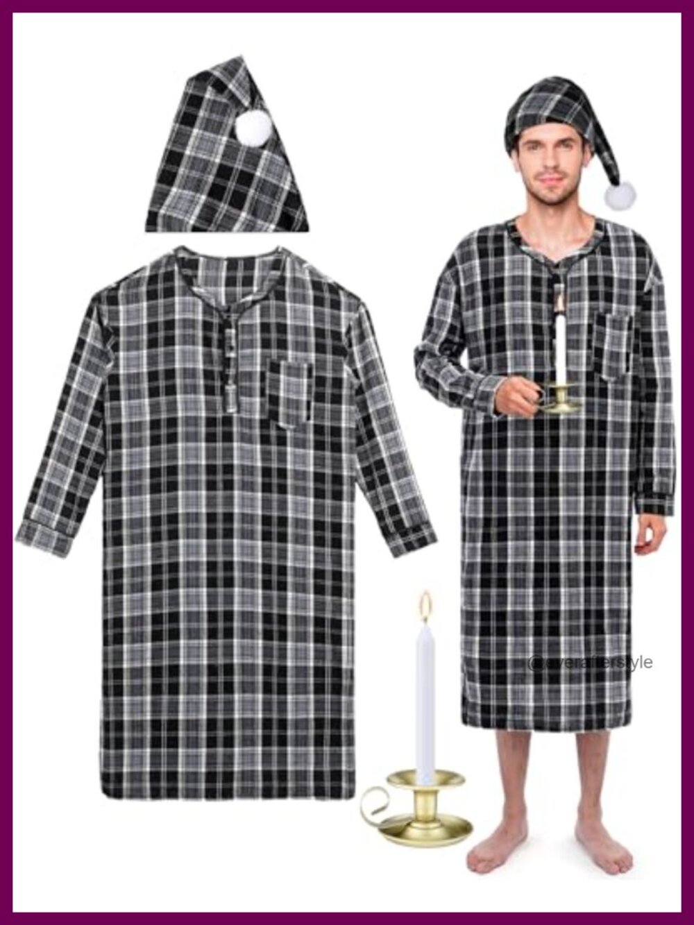 Men's Flannel Cotton Nightshirt Set with Cap Candle Holder Holiday Sleepwear